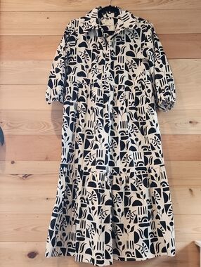 Maeve By Anthropologie Black & Cream Graphic Tiered Shirt Dress